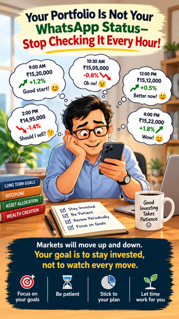 Remember “Your Portfolio Is Not Your WhatsApp Status—Stop Checking It Every Hour!” The market will move up and down; your goal is to stay invested to achieve your financial goals. Checking your portfolio every hour won’t help.