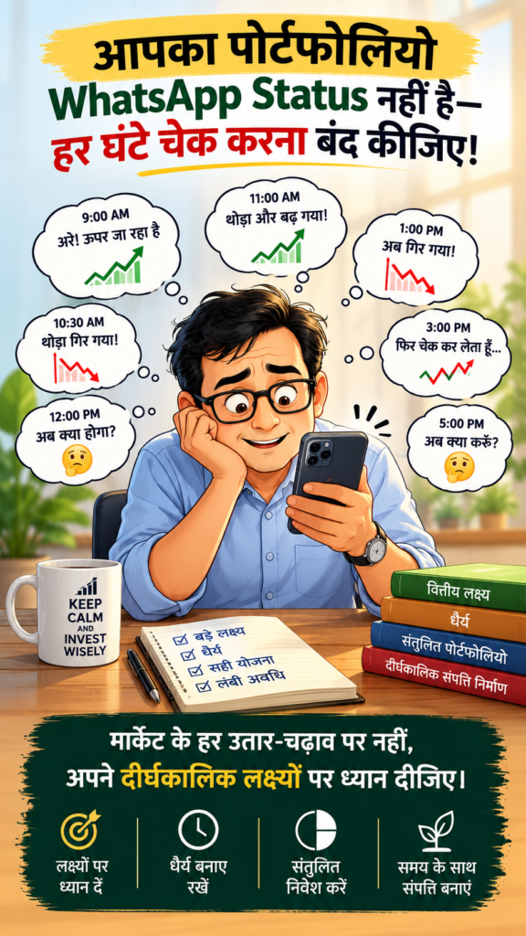 याद रखें: “आपका पोर्टफ़ोलियो आपका WhatsApp स्टेटस नहीं है—इसे हर घंटे चेक करना बंद करें!” बाज़ार में उतार-चढ़ाव तो आते-जाते रहेंगे; आपका मकसद अपने फ़ाइनेंशियल लक्ष्यों को पाने के लिए निवेशित रहना है। हर घंटे अपना पोर्टफ़ोलियो चेक करने से कोई फ़ायदा नहीं होगा।